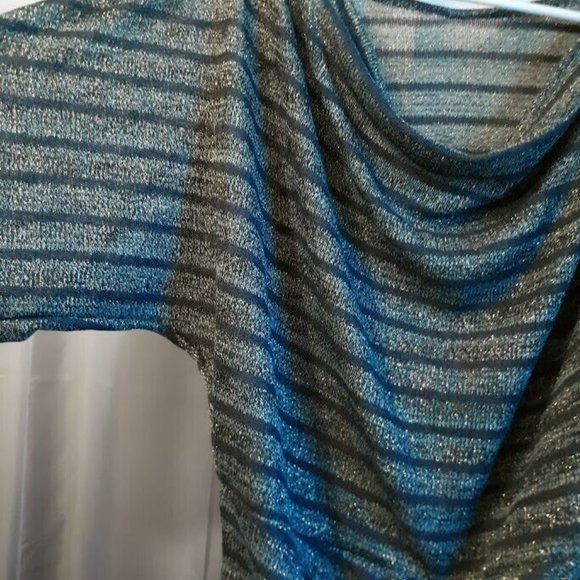 New Metallic Sheer Crochet Draped top L Blue Gold Green stripe Zippered waistban - Picture 7 of 10